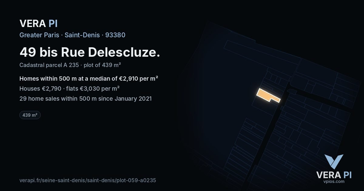 49 bis Rue Delescluze, Saint-Denis at night – the plot lit, the parcels around coloured by the prices near them