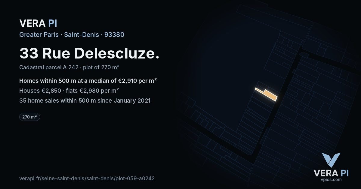 33 Rue Delescluze, Saint-Denis at night – the plot lit, the parcels around coloured by the prices near them
