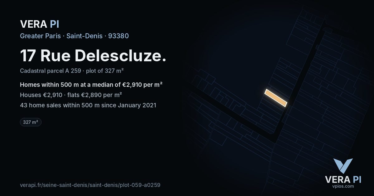 17 Rue Delescluze, Saint-Denis at night – the plot lit, the parcels around coloured by the prices near them