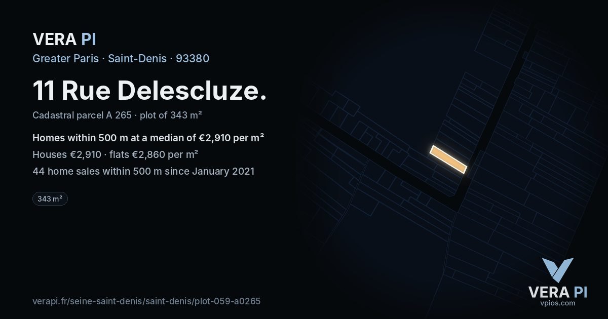 11 Rue Delescluze, Saint-Denis at night – the plot lit, the parcels around coloured by the prices near them