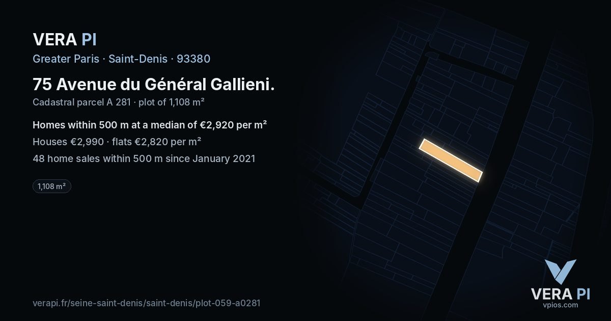 75 Avenue du Général Gallieni, Saint-Denis at night – the plot lit, the parcels around coloured by the prices near them