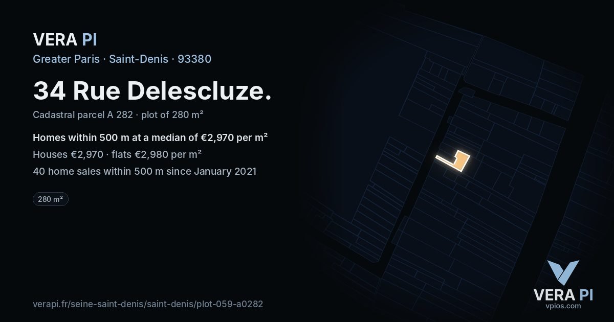 34 Rue Delescluze, Saint-Denis at night – the plot lit, the parcels around coloured by the prices near them