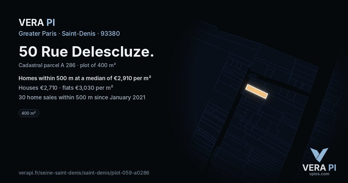 50 Rue Delescluze, Saint-Denis at night – the plot lit, the parcels around coloured by the prices near them