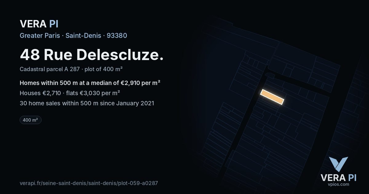 48 Rue Delescluze, Saint-Denis at night – the plot lit, the parcels around coloured by the prices near them