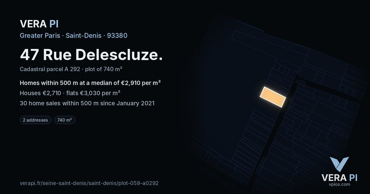 47 Rue Delescluze, Saint-Denis at night – the plot lit, the parcels around coloured by the prices near them