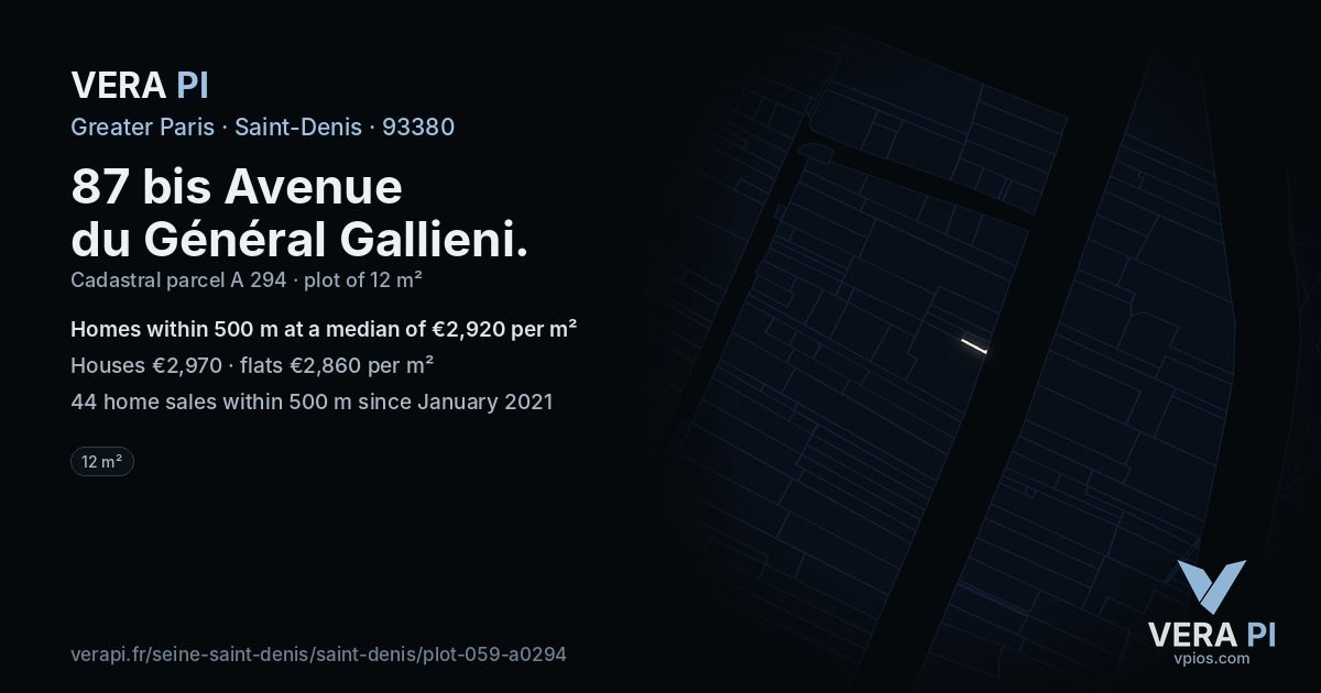 87 bis Avenue du Général Gallieni, Saint-Denis at night – the plot lit, the parcels around coloured by the prices near them