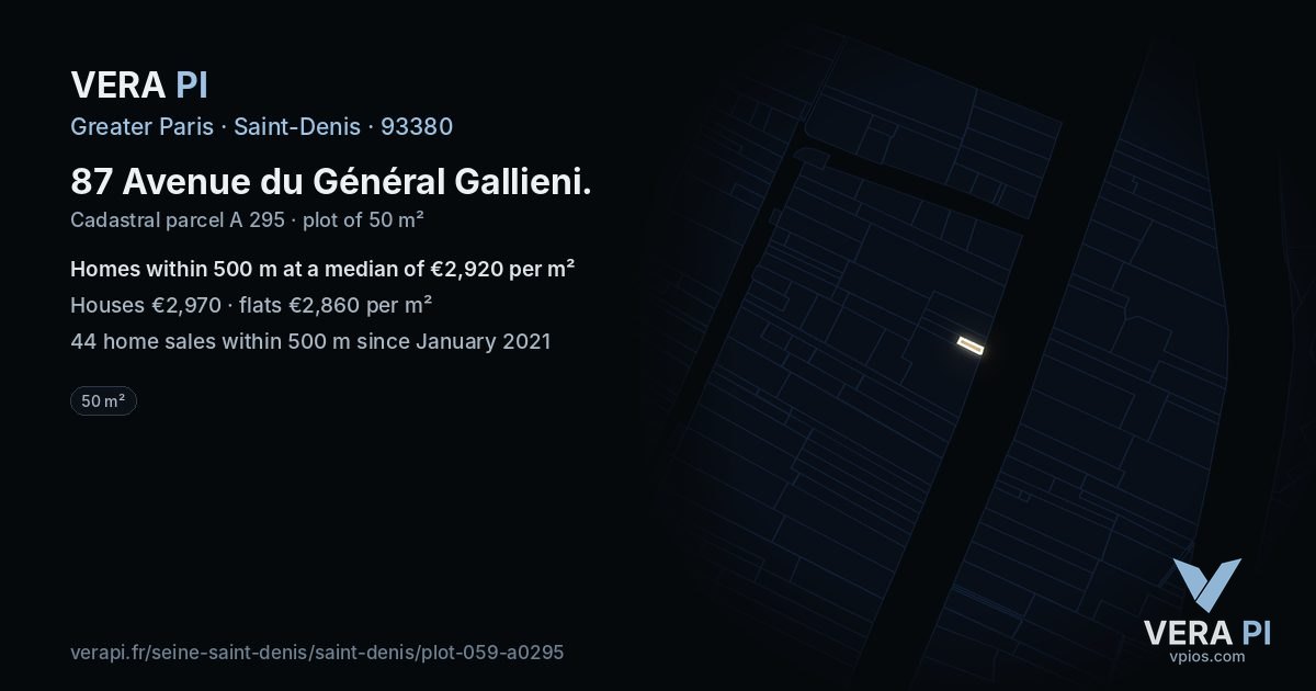 87 Avenue du Général Gallieni, Saint-Denis at night – the plot lit, the parcels around coloured by the prices near them