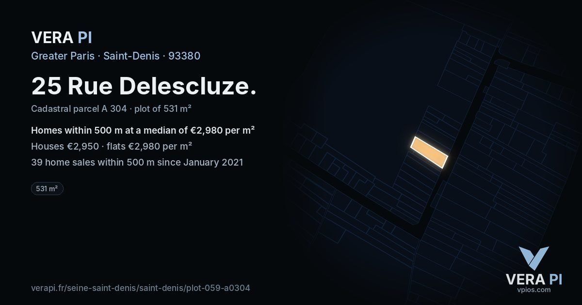 25 Rue Delescluze, Saint-Denis at night – the plot lit, the parcels around coloured by the prices near them