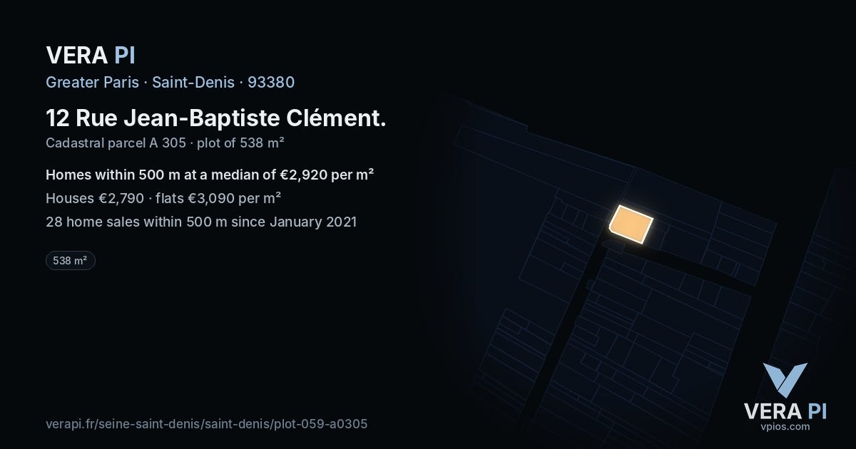 12 Rue Jean-Baptiste Clément, Saint-Denis at night – the plot lit, the parcels around coloured by the prices near them