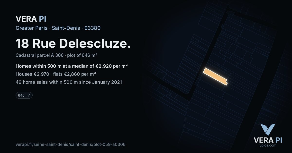18 Rue Delescluze, Saint-Denis at night – the plot lit, the parcels around coloured by the prices near them
