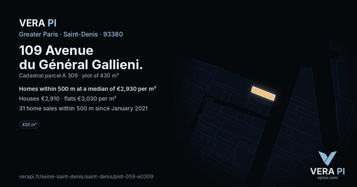 109 Avenue du Général Gallieni, Saint-Denis at night – the plot lit, the parcels around coloured by the prices near them