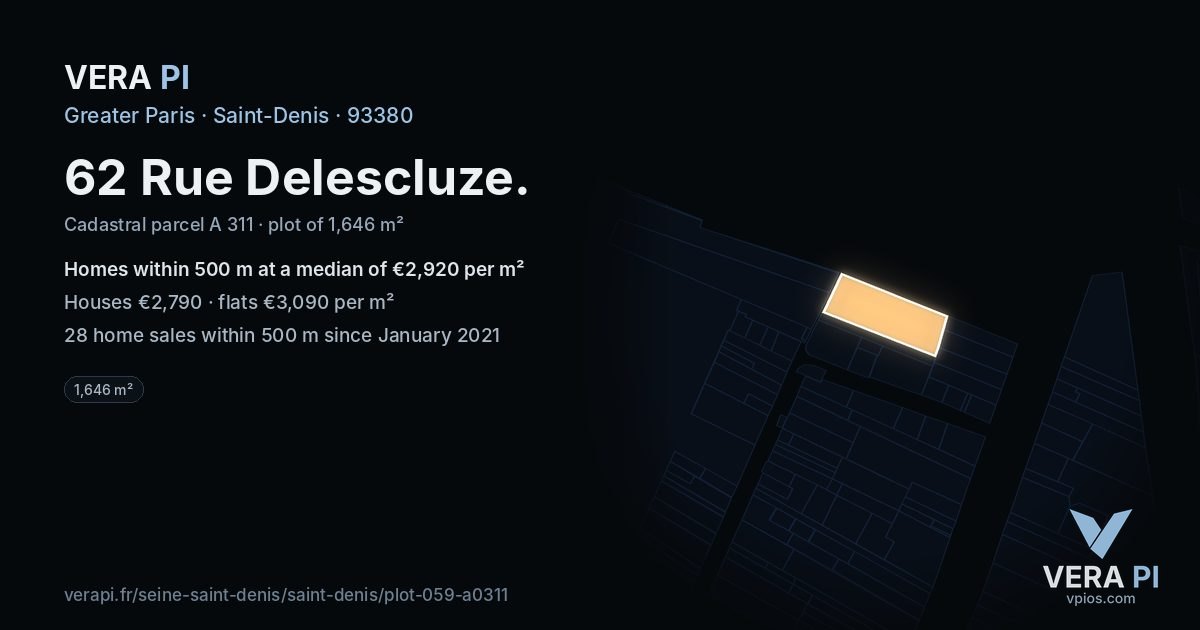 62 Rue Delescluze, Saint-Denis at night – the plot lit, the parcels around coloured by the prices near them