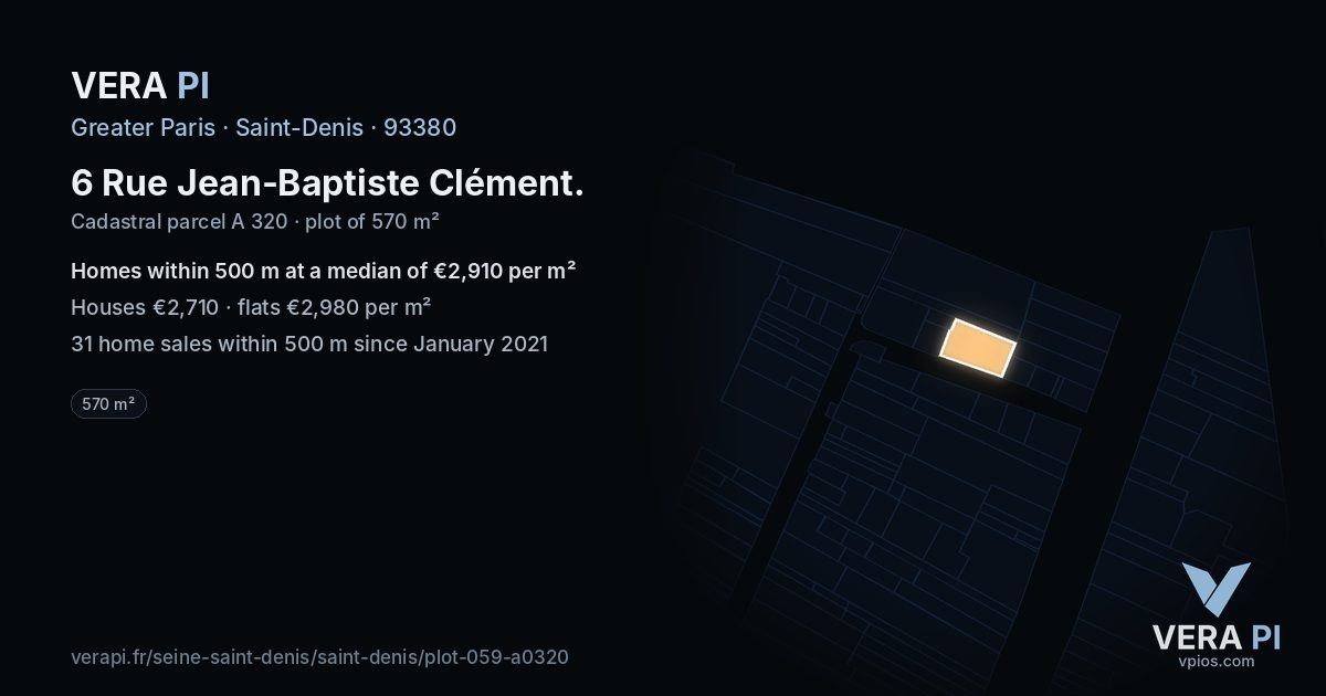 6 Rue Jean-Baptiste Clément, Saint-Denis at night – the plot lit, the parcels around coloured by the prices near them