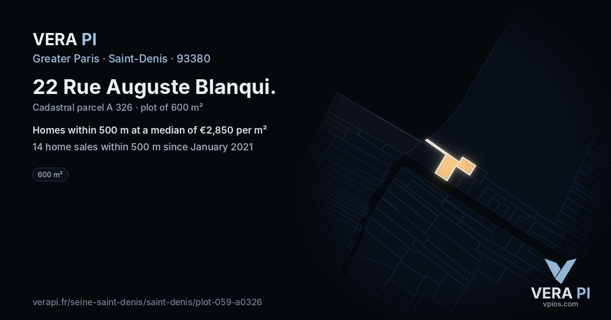 22 Rue Auguste Blanqui, Saint-Denis at night – the plot lit, the parcels around coloured by the prices near them