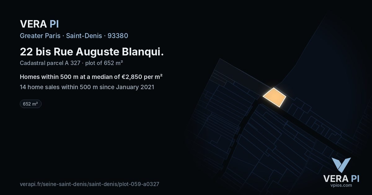 22 bis Rue Auguste Blanqui, Saint-Denis at night – the plot lit, the parcels around coloured by the prices near them