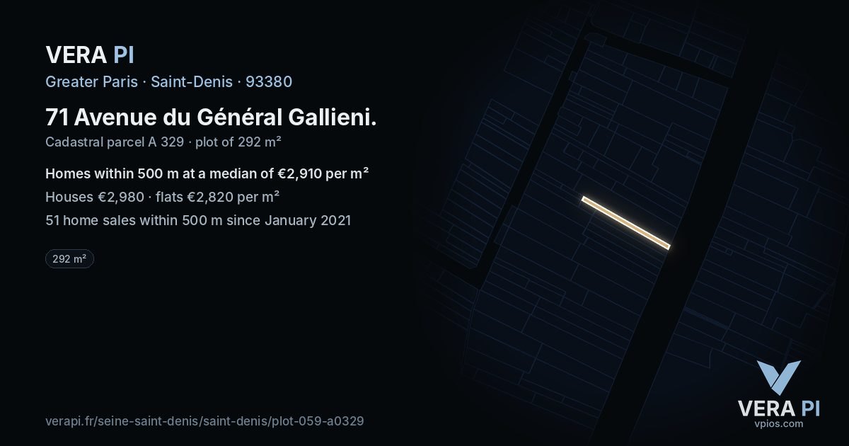 71 Avenue du Général Gallieni, Saint-Denis at night – the plot lit, the parcels around coloured by the prices near them