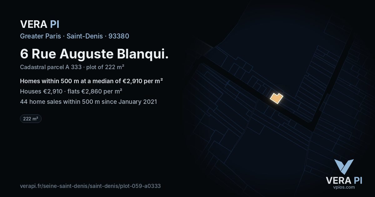 6 Rue Auguste Blanqui, Saint-Denis at night – the plot lit, the parcels around coloured by the prices near them
