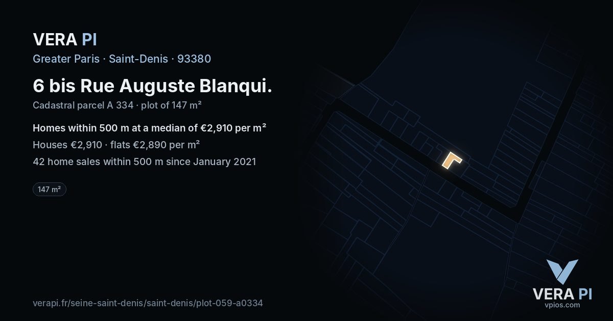 6 bis Rue Auguste Blanqui, Saint-Denis at night – the plot lit, the parcels around coloured by the prices near them