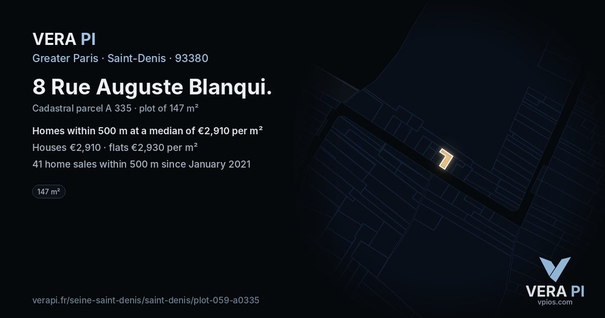 8 Rue Auguste Blanqui, Saint-Denis at night – the plot lit, the parcels around coloured by the prices near them