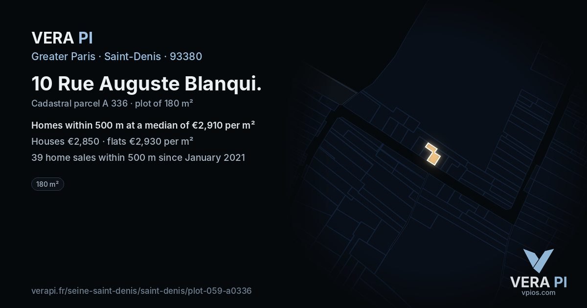 10 Rue Auguste Blanqui, Saint-Denis at night – the plot lit, the parcels around coloured by the prices near them