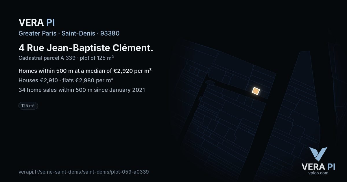4 Rue Jean-Baptiste Clément, Saint-Denis at night – the plot lit, the parcels around coloured by the prices near them