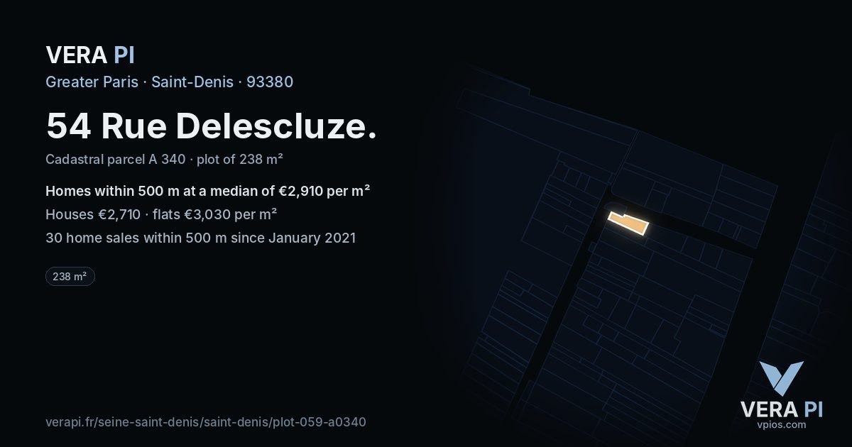 54 Rue Delescluze, Saint-Denis at night – the plot lit, the parcels around coloured by the prices near them