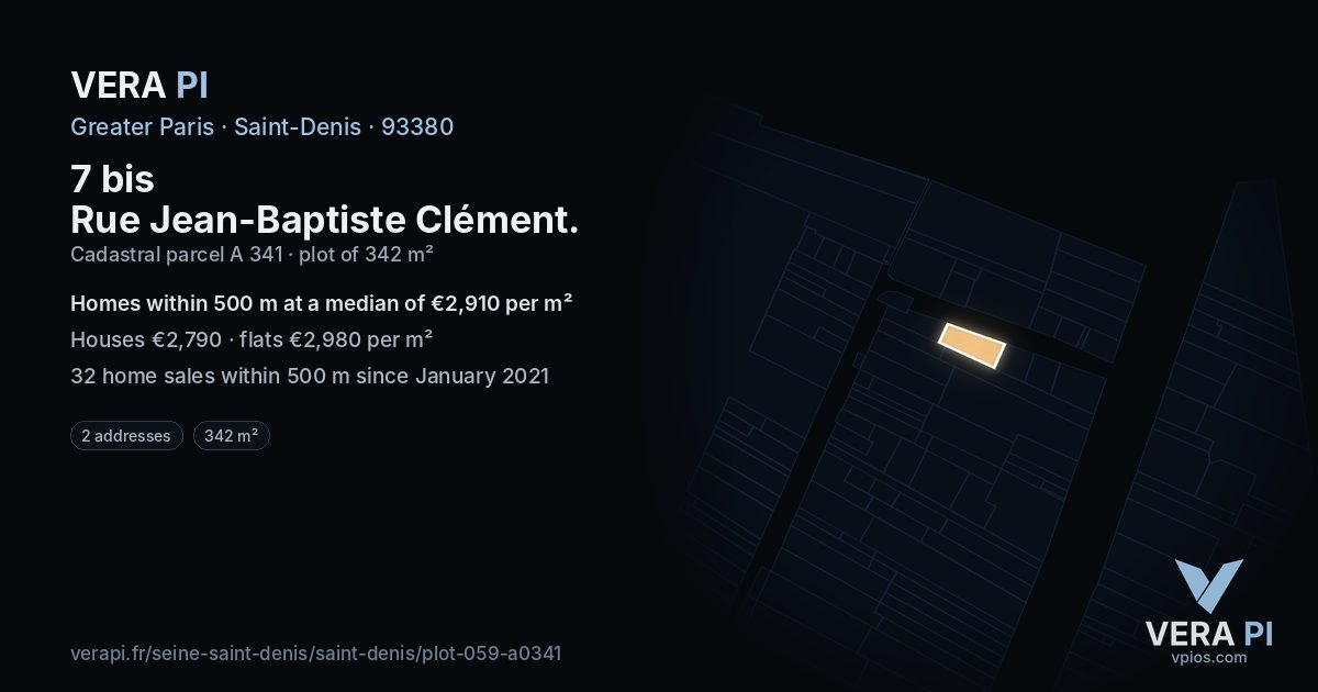 7 bis Rue Jean-Baptiste Clément, Saint-Denis at night – the plot lit, the parcels around coloured by the prices near them