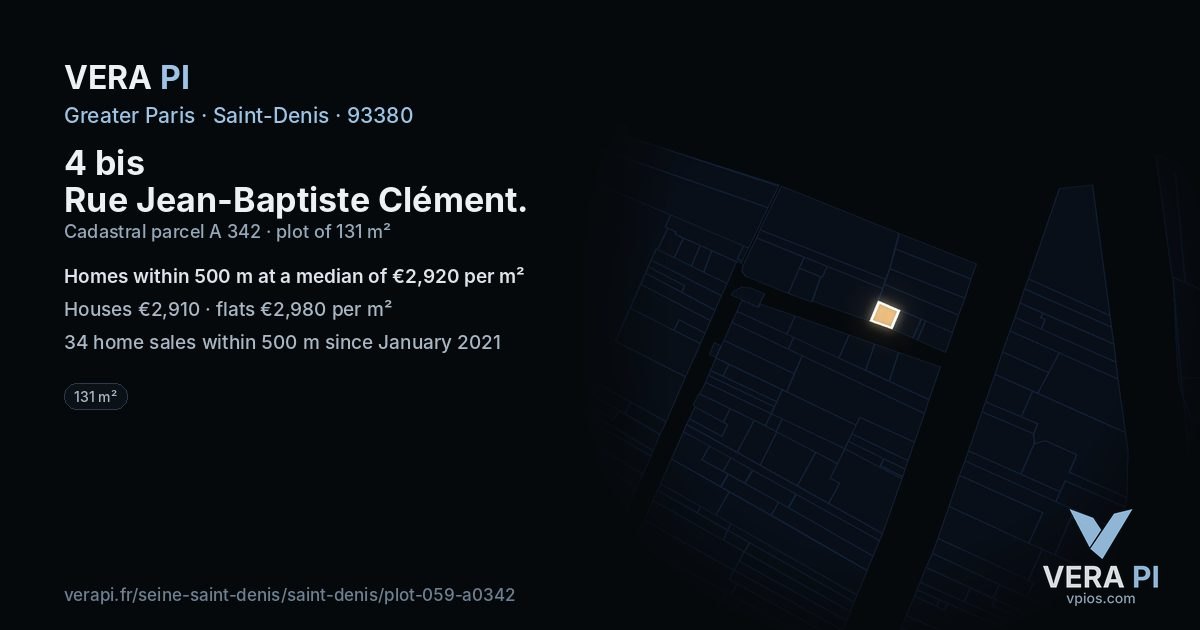 4 bis Rue Jean-Baptiste Clément, Saint-Denis at night – the plot lit, the parcels around coloured by the prices near them
