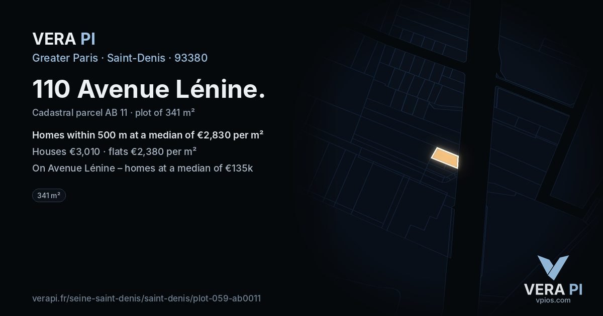 110 Avenue Lénine, Saint-Denis at night – the plot lit, the parcels around coloured by the prices near them