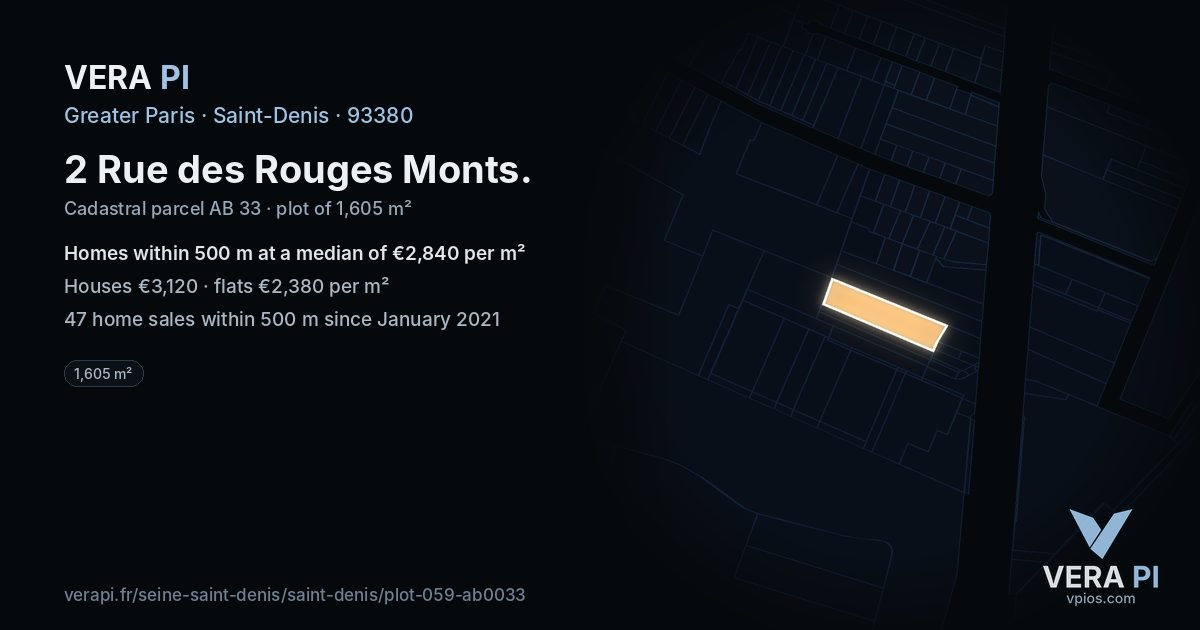 2 Rue des Rouges Monts, Saint-Denis at night – the plot lit, the parcels around coloured by the prices near them