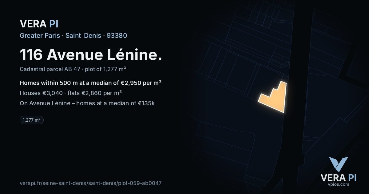 116 Avenue Lénine, Saint-Denis at night – the plot lit, the parcels around coloured by the prices near them