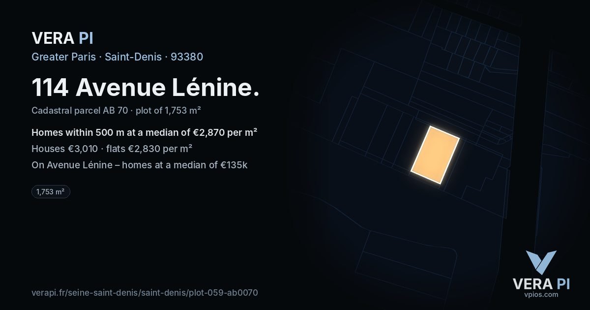 114 Avenue Lénine, Saint-Denis at night – the plot lit, the parcels around coloured by the prices near them