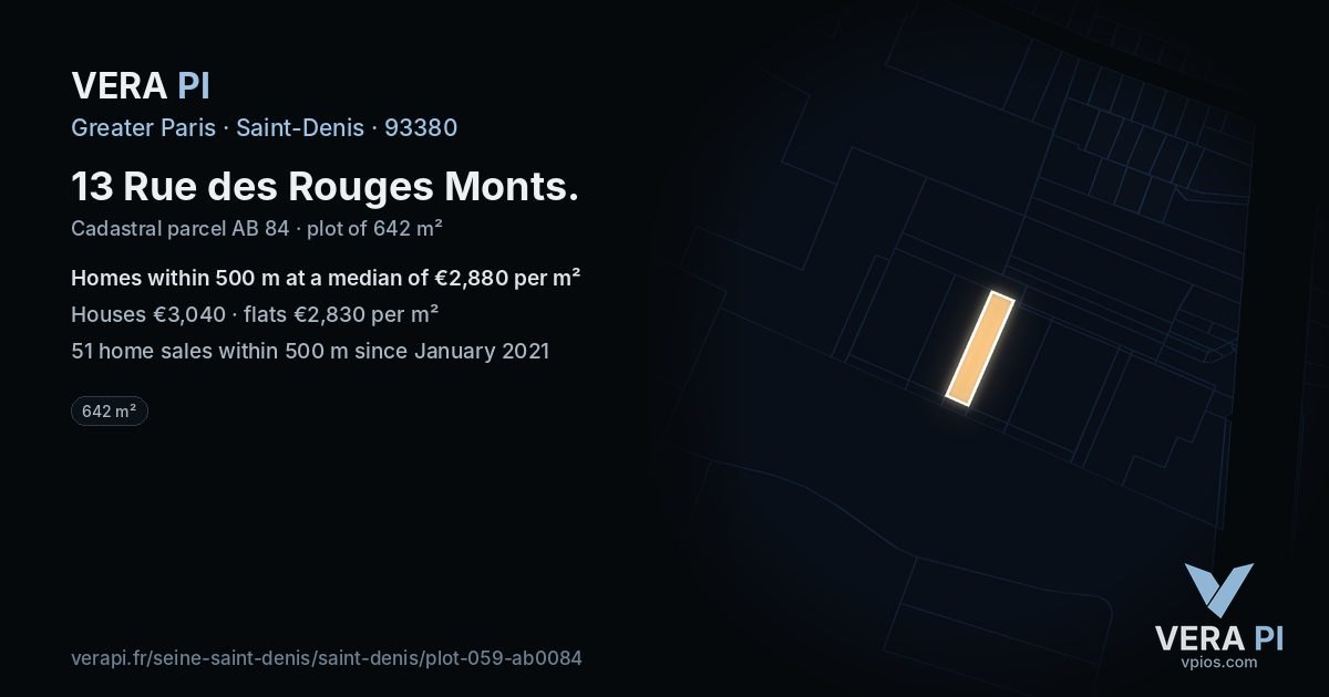 13 Rue des Rouges Monts, Saint-Denis at night – the plot lit, the parcels around coloured by the prices near them