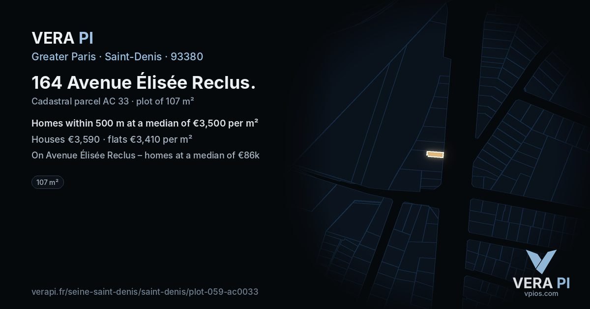 164 Avenue Élisée Reclus, Saint-Denis at night – the plot lit, the parcels around coloured by the prices near them