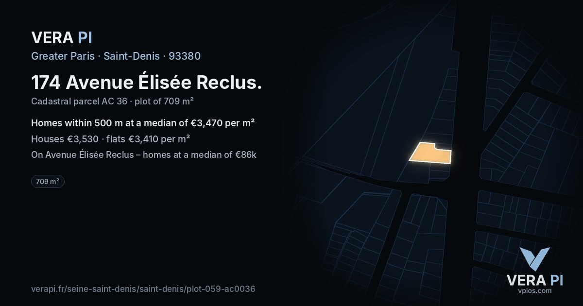 174 Avenue Élisée Reclus, Saint-Denis at night – the plot lit, the parcels around coloured by the prices near them