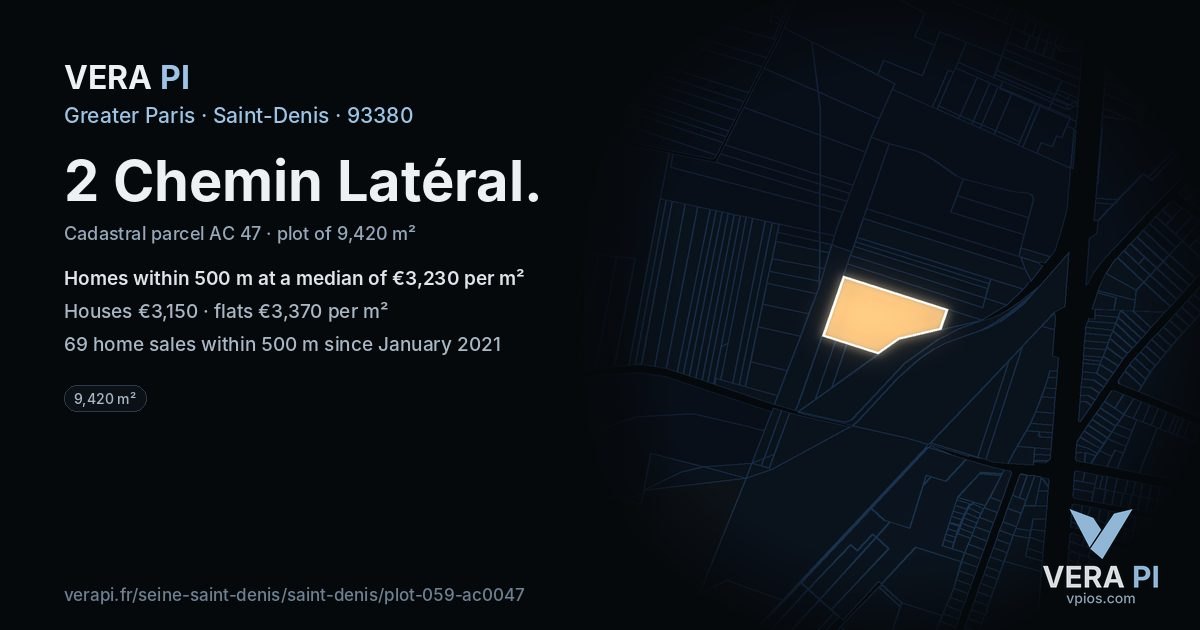 2 Chemin Latéral, Saint-Denis at night – the plot lit, the parcels around coloured by the prices near them