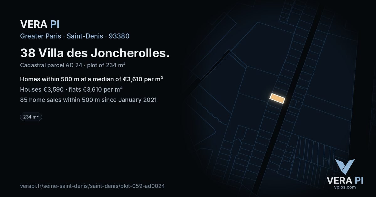 38 Villa des Joncherolles, Saint-Denis at night – the plot lit, the parcels around coloured by the prices near them