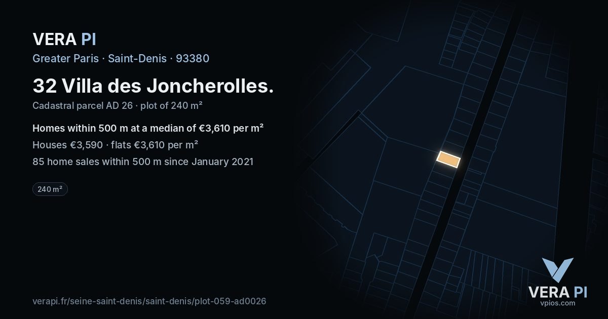 32 Villa des Joncherolles, Saint-Denis at night – the plot lit, the parcels around coloured by the prices near them