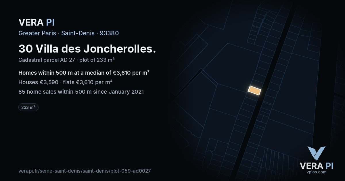30 Villa des Joncherolles, Saint-Denis at night – the plot lit, the parcels around coloured by the prices near them