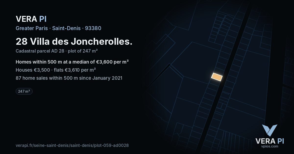 28 Villa des Joncherolles, Saint-Denis at night – the plot lit, the parcels around coloured by the prices near them