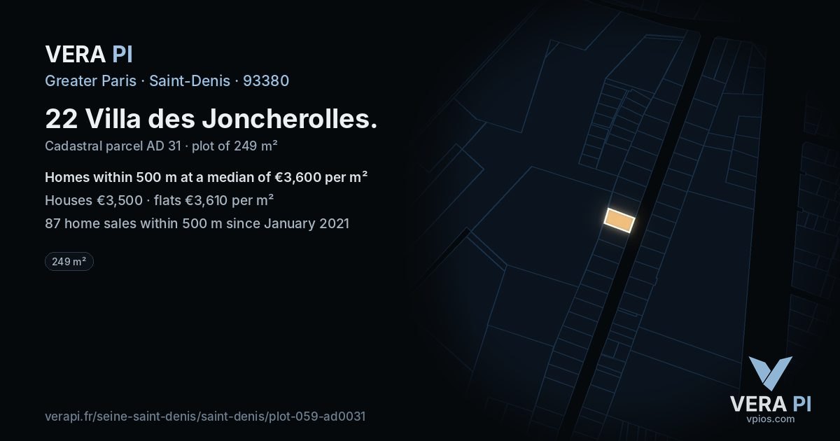 22 Villa des Joncherolles, Saint-Denis at night – the plot lit, the parcels around coloured by the prices near them