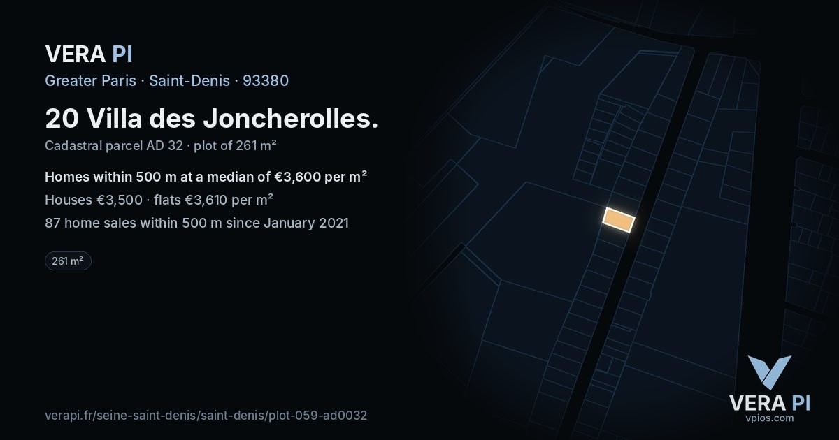20 Villa des Joncherolles, Saint-Denis at night – the plot lit, the parcels around coloured by the prices near them