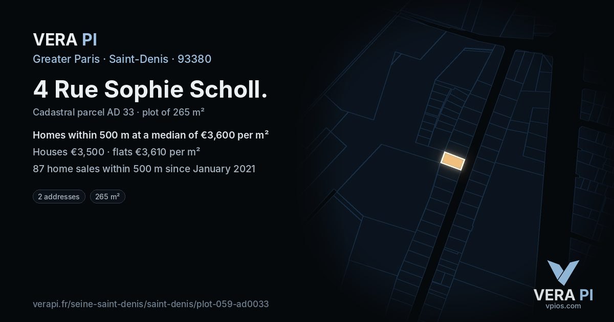 4 Rue Sophie Scholl, Saint-Denis at night – the plot lit, the parcels around coloured by the prices near them