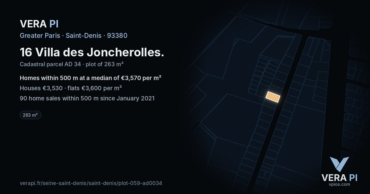 16 Villa des Joncherolles, Saint-Denis at night – the plot lit, the parcels around coloured by the prices near them