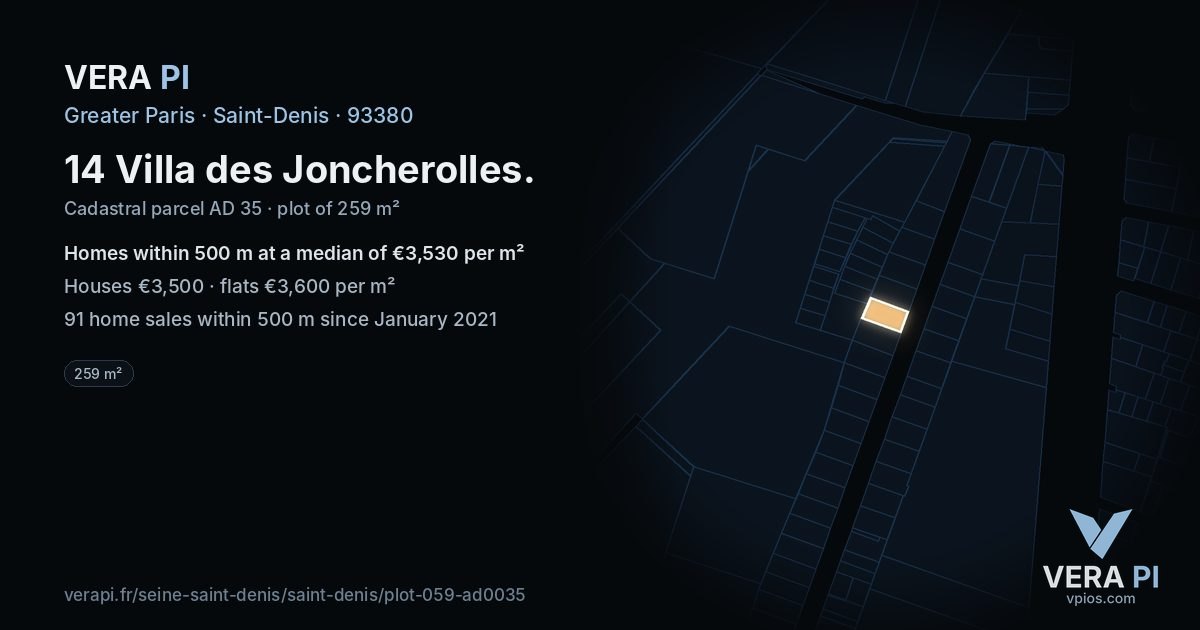 14 Villa des Joncherolles, Saint-Denis at night – the plot lit, the parcels around coloured by the prices near them