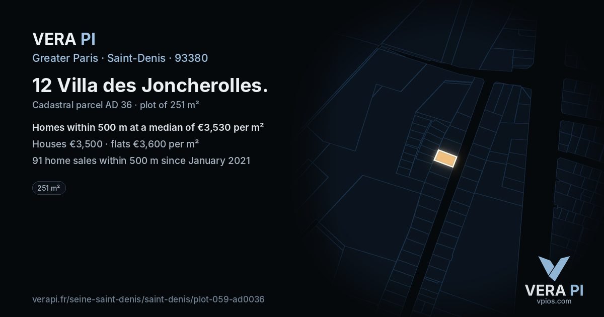 12 Villa des Joncherolles, Saint-Denis at night – the plot lit, the parcels around coloured by the prices near them