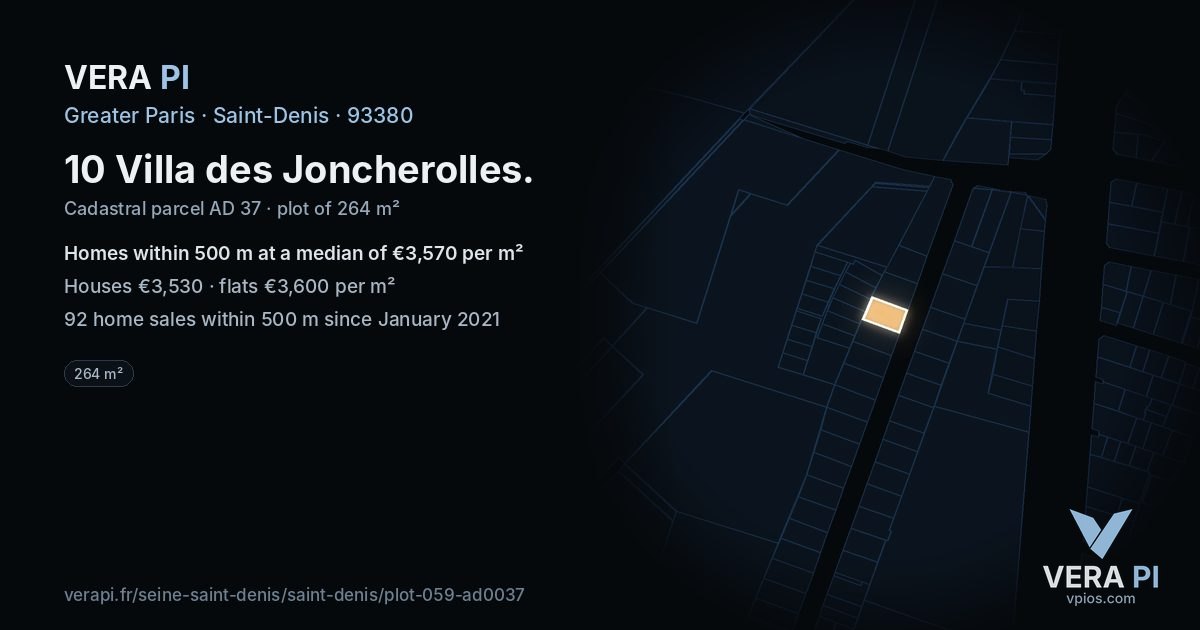 10 Villa des Joncherolles, Saint-Denis at night – the plot lit, the parcels around coloured by the prices near them