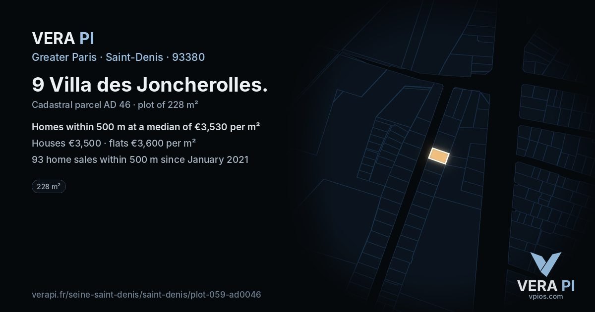 9 Villa des Joncherolles, Saint-Denis at night – the plot lit, the parcels around coloured by the prices near them