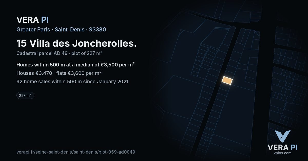 15 Villa des Joncherolles, Saint-Denis at night – the plot lit, the parcels around coloured by the prices near them