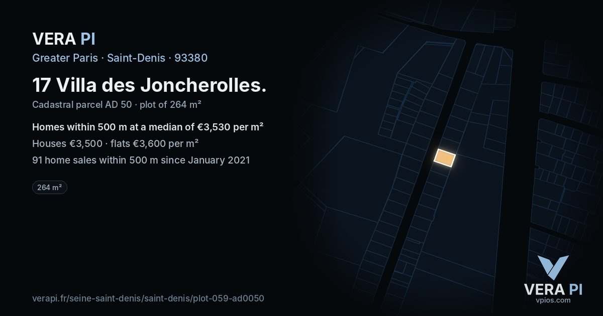 17 Villa des Joncherolles, Saint-Denis at night – the plot lit, the parcels around coloured by the prices near them